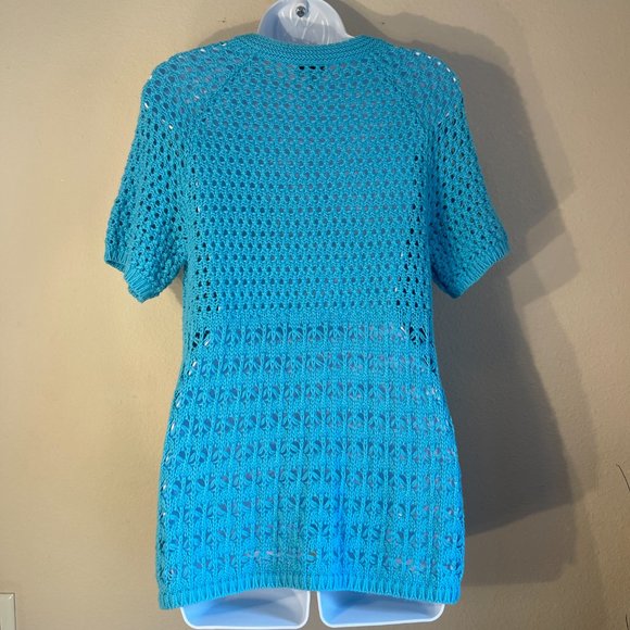 St Johns Bay Aqua Turquoise Cotton Ramie Pointelle Open Weave Cardigan L - Picture 3 of 8